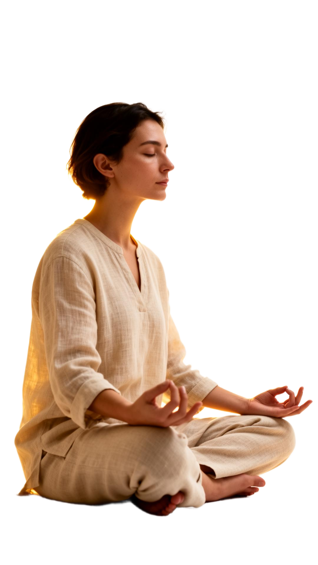 Modern person sitting in a calm meditation pose, softly lit in warm gold
